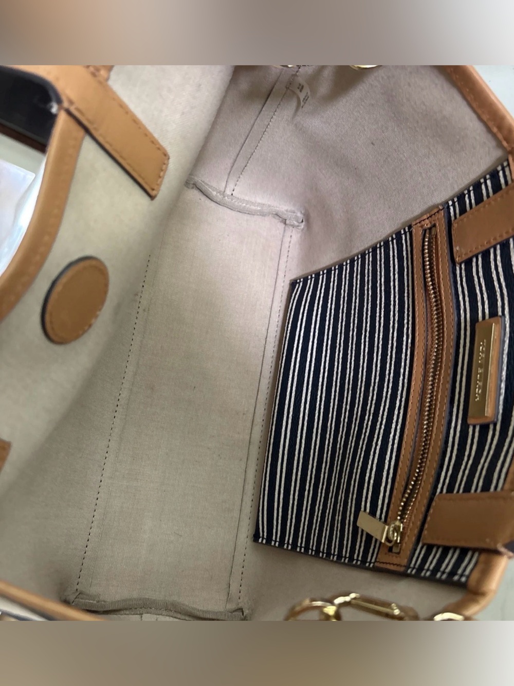 Tory Burch Navy and Cream Striped Tote with Tan Leather Accents - Picture 5 of 16